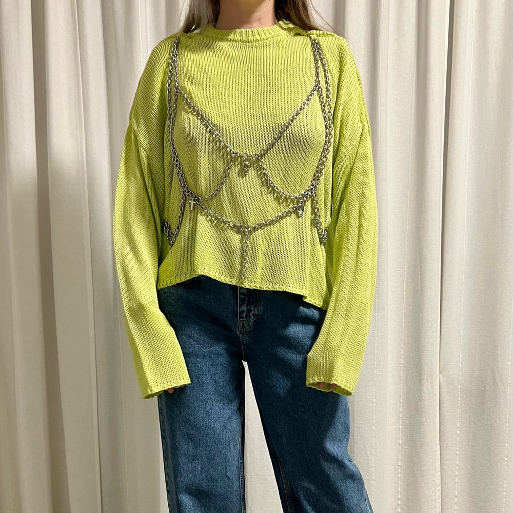 The Ragged Priest Brand New Chain-Embellished Lime Green Sweater Size M